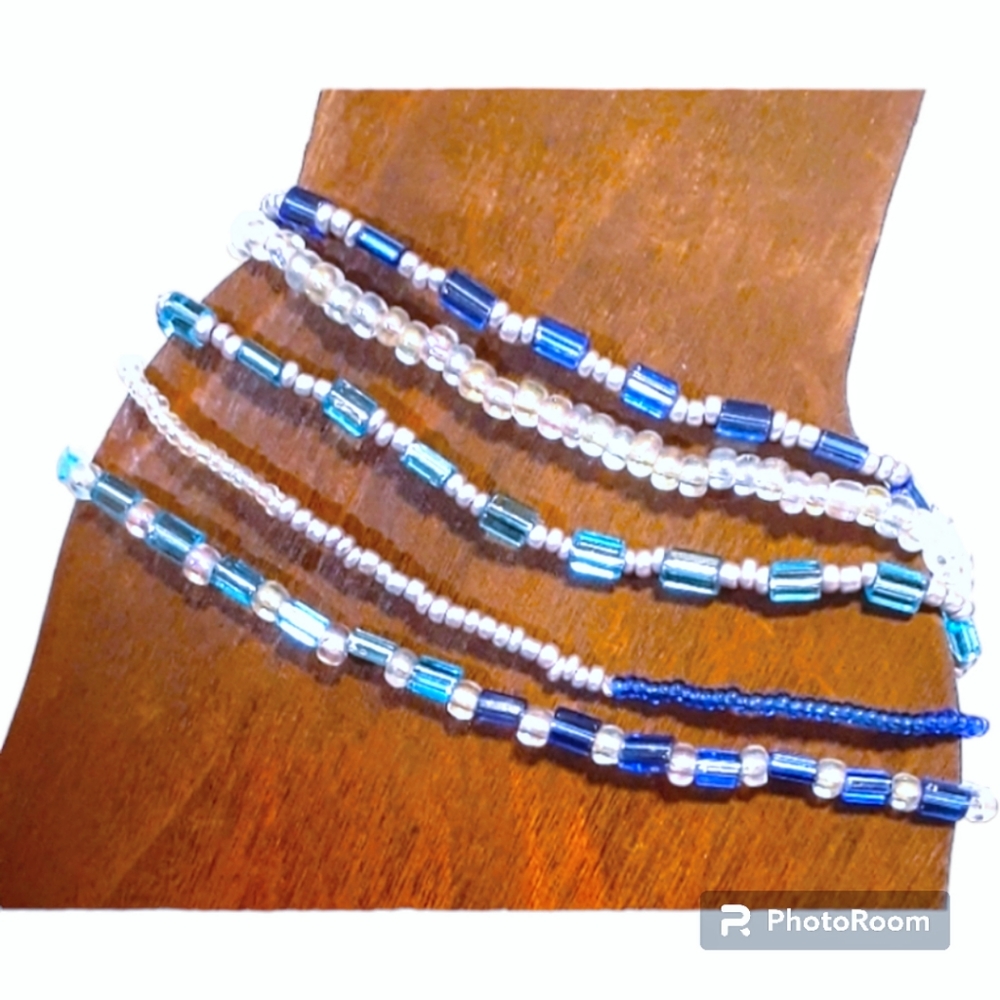 💥 HANDMADE Blue & Silver Beaded Stackable Stretch Bracelet Set